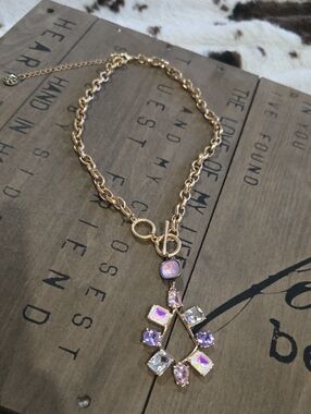 Gold-Tone Necklace with Pink & Purple Gemstone Pendant